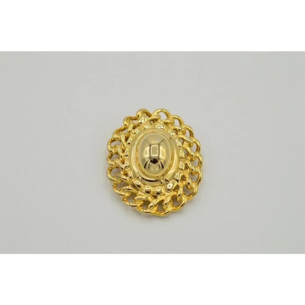 Vintage Oval Pin Brooch Yellow Gold Tone Linked Chain Statement NOS 1980s BinV